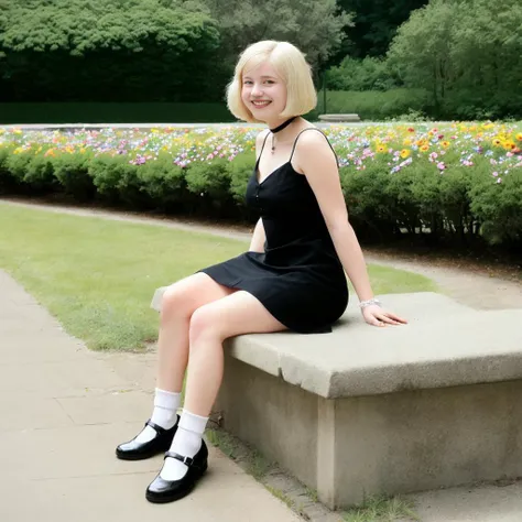 woman <lora:maryjanes4:0.8>maryjanes,smile,socks,shoes,face,standing,ankle socks,sitting,full body,short flouncy minidress,(flowers:1.2),park,blonde,beautiful face,glamorous