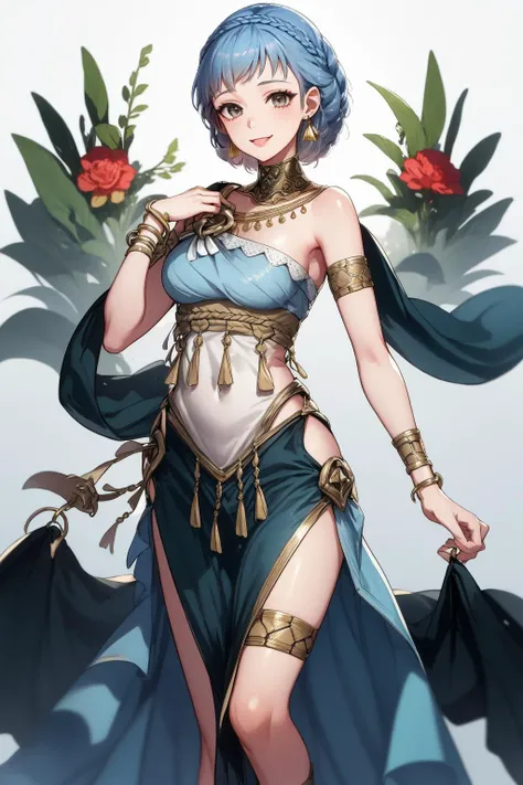 masterpiece, best quality, brvMarianne, bare shoulders, jewelry, earrings, bracelet, sandals, pelvic curtain, short hair, crown braid, blue dress, cowboy shot, looking at viewer, smile <lora:MarianneFE3H-FEH-bsinky-v2:0.9>