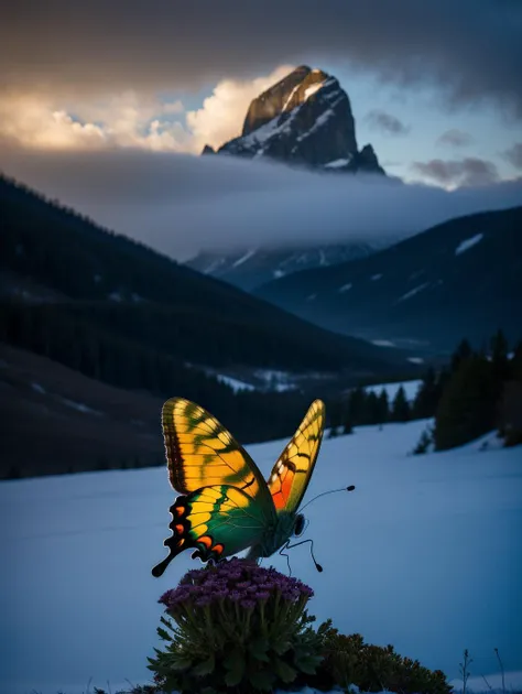 amazing quality, masterpiece, best quality, hyper detailed, ultra detailed, UHD, depth of field, mountains snowy peaks, (green butterfly), parking on (red floret), night, magic  mountains, fog, firefly, transparent and polishing ral-ntrgmstn, on side, darkness, glowing, (dazzling light:1.2), water droplets after rain, ,(Ultra quality),  (highest quality),  (canon eos),  f1.8,  (8K UHD),  (ultra-detailed),,  (photography:1.2), (highres:0.3)