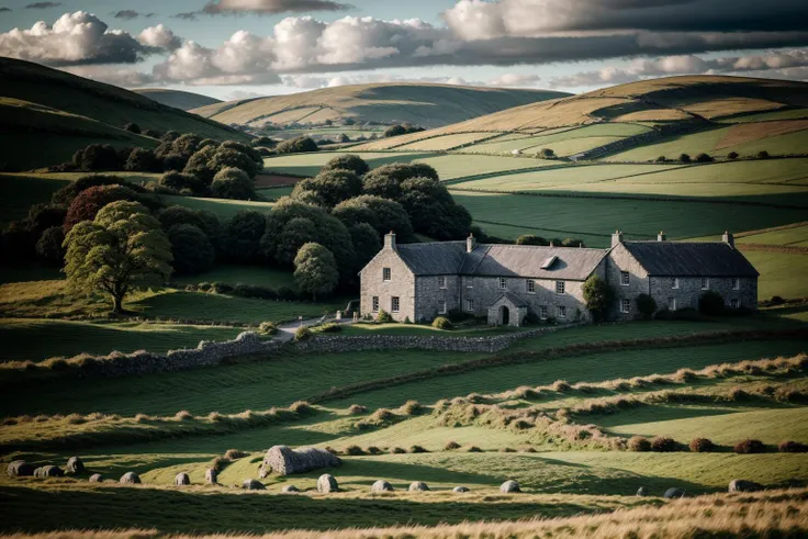 a serene irish countryside with rolling green hills and an ancient stone cottage, photorealistic ,  <lora:add_detail:1>, ,(Ultra quality),  (highest quality),  (sharp focus:0.5), (tack focus:0.5), (canon eos),  f1.8, (crystal clear:0.4),  (8K UHD),  (detailed face:0.2),  (ultra-detailed),  (intricate detailes),  (photography:1.2), (bloom:0.5), (hars lighting:0.5), (warm light:0.2), (highres:0.3), (post-processing:0.3)