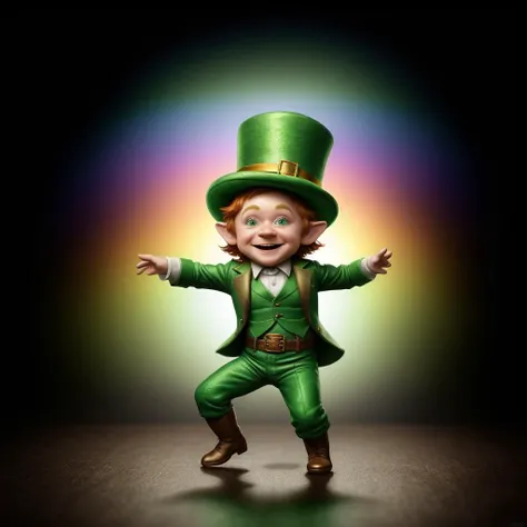 a cute little leprechaun dancing on a rainbow, highly detailed, artstation, studio lighting