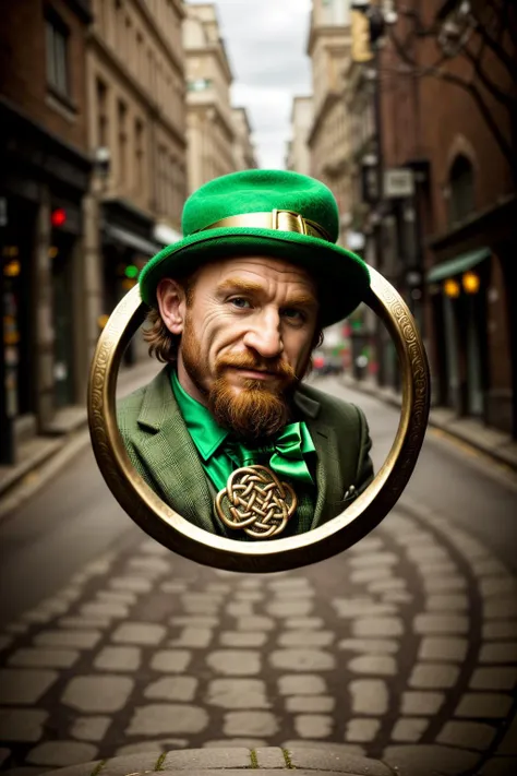 A highly detailed and intricate scene of a (leprechaun:1.2) man sitting on a contemporary city street, surrounded by elements of (Celtic mythology:1.2) and urban life. The leprechaun itself should be rendered in a whimsical and mischievous style, with a vibrant green suit, buckled shoes, and a hat adorned with a (shamrock:1.1). Around the leprechaun, incorporate intricate (Celtic knot designs:1.2) and patterns woven into the city elements, such as manhole covers, street lamps, and graffiti. The scene should also feature a pot of gold spilling coins onto the pavement, along with other iconic symbols of Irish folklore, like four-leaf clovers, (big (rainbow)), and perhaps a mischievous leprechaun or two peeking out from behind objects. The overall image should blend the fantastical with the modern, creating a surreal and captivating scene that invites the viewer to explore the rich tapestry of Celtic mythology in an unexpected, urban setting. 8k, octane render, highly detailed textures and patterns, HDR lighting, photorealistic,  <lora:add_detail:1>