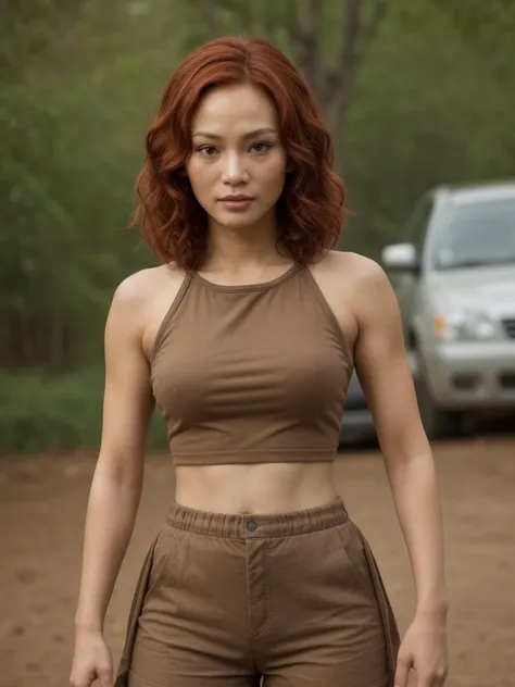 a (fully dressed in a red and tan colored hunger games cosplay costume, 41 year old Cambodian athletic woman with short curly red hair and clearly adult features:1.3). her asymmetrical face, eyebrows, hair color and body (look a lot like a mix of [courtney thorn-smith:lucy liu:0.7] and [mari yamamoto:leighton meester:0.3]:1.2). her arms, legs, belly, and breasts are fully covered by her clothes. mouth closed. skin pores, highly detailed skin, photograph, DSRL, dslr, Fujifilm XT3. best quality, RAW photo, realistic photo. <lora:more_details:0.23> <lora:add_detail:0.35> <lora:epiCRealLife:0.28> <lora:epiCRealismHelper:0.13> <lora:polyhedron_skinny_all:0.4> <lora:real_skin:0.25> <lora:weight_slider_v2:-0.25> <lora:breastsizeslideroffset:-0.25>