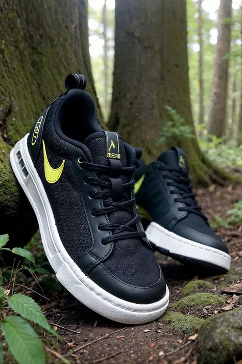 Photo of a metalic sneakers in the forest, blurry