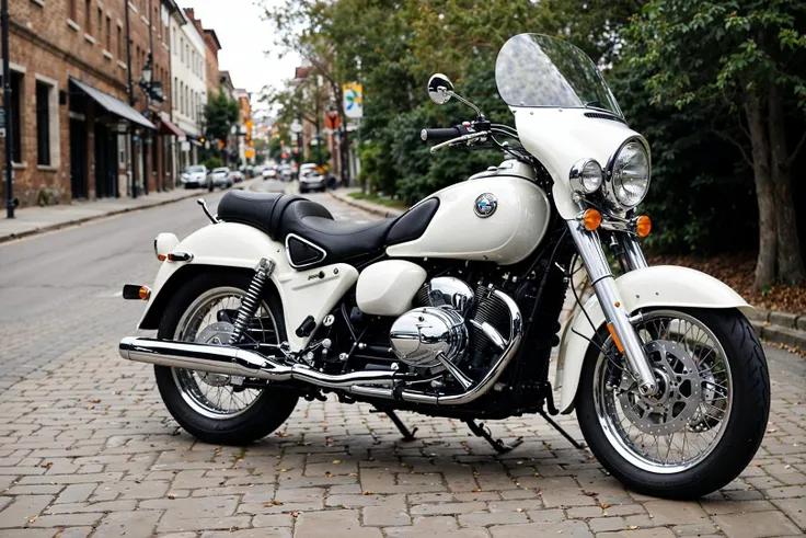 vintage motorcycle, BMW R35, black and white, close-up, street background, classic design, metal and chrome details, round headlight, spoke wheels, leather seat, manual transmission, cobbled pavement, daytime, soft focus background, mechanical components visible, transportation, retro, motorbike, collectible vehicle