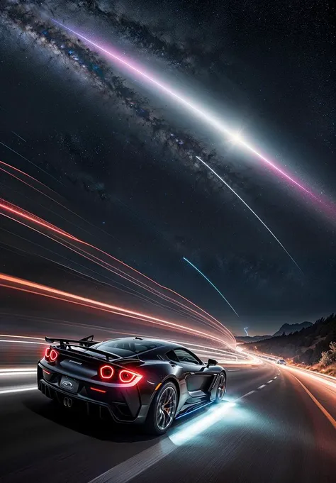 a sci-fi sportscar passing by, light speed, flash, motion trail, a shining star(sun) in the background, motion blur, epic visual effects, interstellar, flow, detailed, scifi, star blast, dark vibrant colors, cosmic art, stars in background, cinematic scene, lens flare, god rays, glow, art of Doug Chiang and John Park <lora:glowneon_xl_v1:0.8> glowneon, glowing, sparks, lightning, ultra detailed <lora:add-detail-xl:2>, dramatic lighting