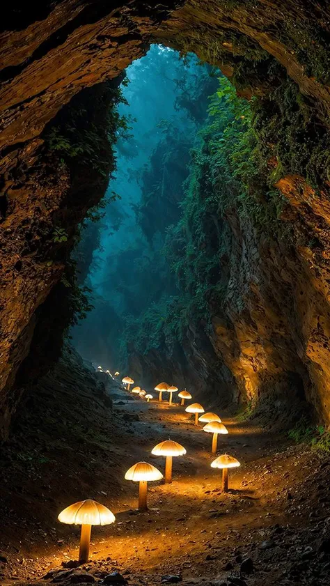 underground ancient city, glowing mushrooms, breathtaking, vibrant, magic, fantasy