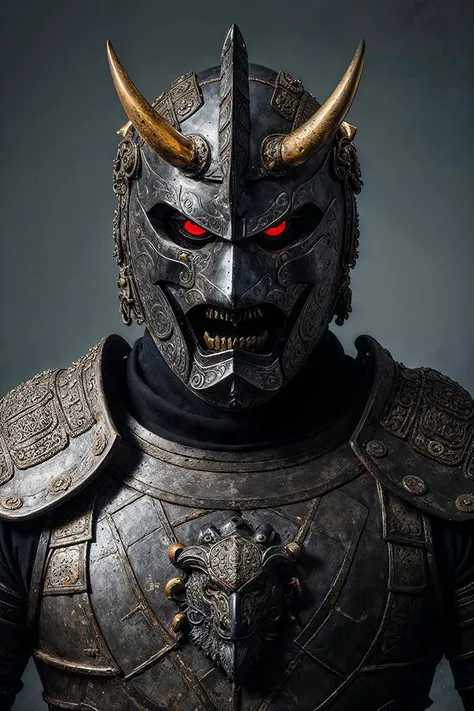 1man, samurai armor, helmet oni evil mask,intricate, ornaments detailed, cold colors, metal, egypician detail, highly intricate details, realistic light, trending on cgsociety, glowing eyes, facing camera, neon details, ultra realistic details, portrait full body, japanese atmosphere, global illumination, shadows, octane render, 8k, ultra sharp