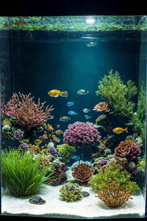 Aquascapist, aquariums, aquatic plants, underwater landscapes, design compositions, water clarity, (fish inhabitants:1.3), ecosystem balance, maintenance routines, aquatic artistry, horticultural knowledge, serene views, natural recreations, bubble streams, lighting effects, temperature controls, viewer mesmerizing, aquatic harmony.