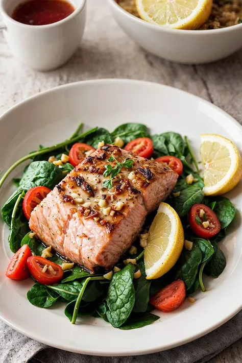 100mm raw camera, f/2.8, professional food photo of salmon steak, spinach, lemon, steam, superrealistic, soft light, exposure blend, medium shot, (muted colors, dim colors, soothing tones:1.3)