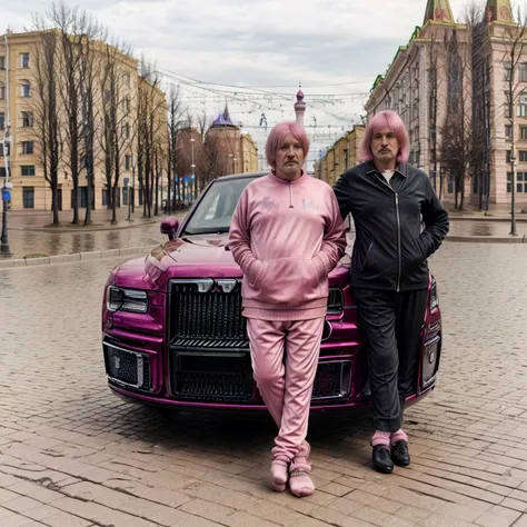 <lora:russiancar:1> photo of middle aged russian beauty,wearing only socks, medium length pink dye bob hair, posing before a aurus in the streets of leningrad, 4k, raw, masterpiece