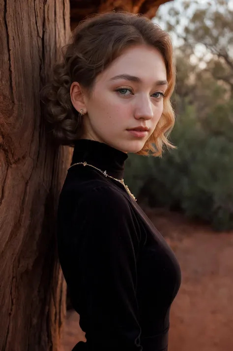 (closeup:1.2) Portrait of pretty young (18-year-old) Caucasian (futuralacylotus4825v5) ((Embrace the camera with a seductive gaze, exuding allure and confidence.:1.07)), outdoor, BREAK ( Retro-inspired pin curls: Delicate curls created by pinning sections of hair, evoking a retro and glamorous feel reminiscent of the 1950s.), no makeup, long dainty necklace, ((high neck velvet dress hugs the body)) , <lora:epi_noiseoffset2:1> BREAK (magazine cover:1.10), BREAK (masterpiece, extremely detailed skin, photorealistic, heavy shadow, dramatic and cinematic lighting, key light, fill light), sharp focus, BREAK location is (outdoor Uluru (Ayers Rock), Australia), <lora:ClothingAdjuster3:-0.6>,