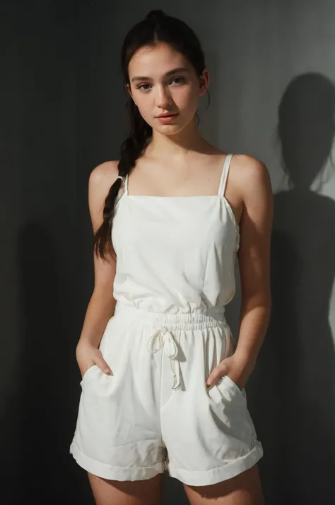 futuralacylotus11960v52,(closeup) Portrait of pretty young (18-year-old) pale milky white skin Caucasian woman ((Striking pose with one leg slightly bent, exuding allure.:1.07)), outdoor, BREAK (brunette Sleek braided ponytail: A sleek and polished ponytail with a braided detail, offering a sophisticated and modern twist to a classic style.), no makeup, long dainty necklace, (((elegant and classy:1.05) The Cheeky Charm: A romper with a deep V-neckline and cheeky shorts, combining elegance with a playful allure.)) , <lora:epi_noiseoffset2:1> BREAK (magazine cover:1.10), BREAK (masterpiece, extremely detailed skin, photorealistic, heavy shadow, dramatic and cinematic lighting, key light, fill light), sharp focus, BREAK location is (outdoor Berlin, Germany), <lora:InstantPhotoX3:0.4>, <lora:ClothingAdjuster3:-0.7>