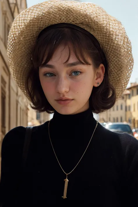 (closeup:1.2) Portrait of pretty young (18-year-old) Caucasian (futuralacylotus4825v5) ((Seductive gaze towards the camera, holding a hat.:1.07)), outdoor, BREAK ( Retro Beehive: A glamorous and voluminous updo with a high crown, creating a retro-inspired look.), no makeup, ((long intricate stone necklace)), ((high neck minimalist cashmere sweater)) , <lora:epi_noiseoffset2:1.2> BREAK (magazine cover:1.10), BREAK (masterpiece, extremely detailed skin, photorealistic, heavy shadow, dramatic and cinematic lighting, key light, fill light), sharp focus, BREAK location is (outdoor Florence, Italy), <lora:ClothingAdjuster3:-0.6>,