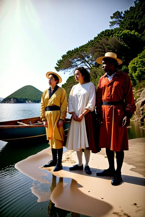a group of people in costumes standing on a boat, cinematic, 8k, professional photography
