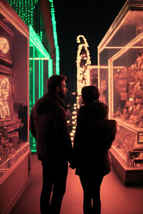 a man and a woman are looking at a display of lights, cinematic, 8k, professional photography