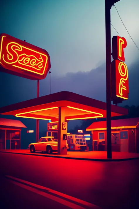 a gas station with a neon sign and a car parked in front of it, cinematic, 8k, professional photography
