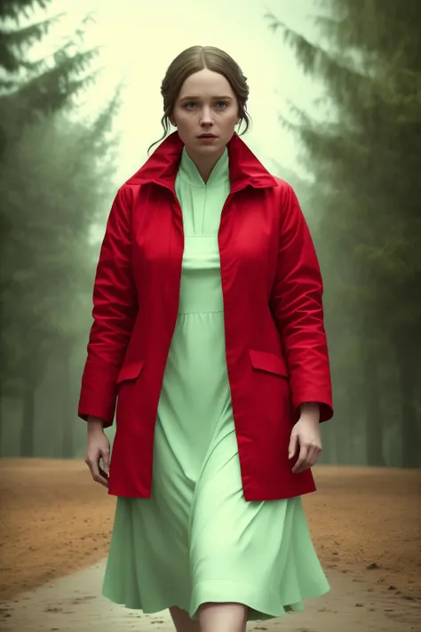 a woman in a red jacket and a green and white dress, cinematic, 8k, professional photography