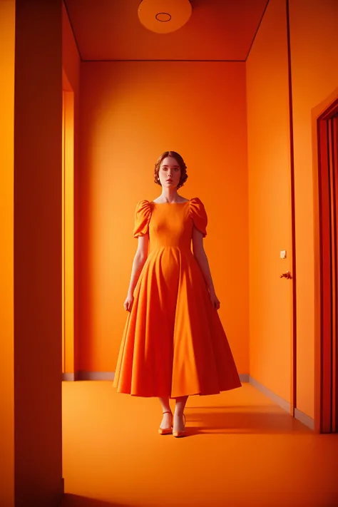 a woman in an orange dress is standing in a room, cinematic, 8k, professional photography