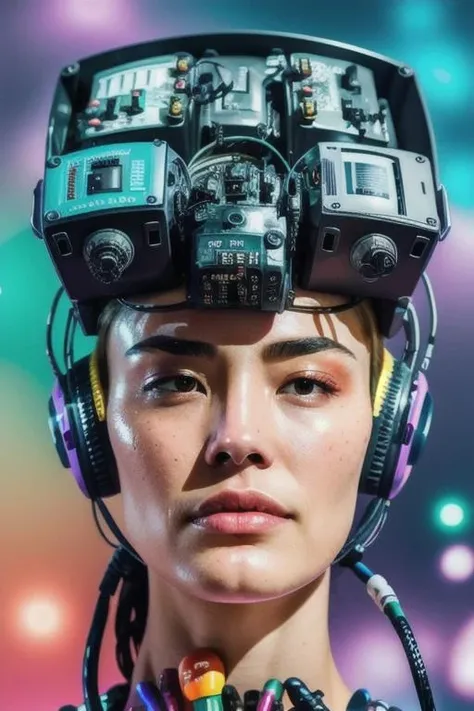 mystical oriental (woman:1.3) with a head made of electronics , solo, science fiction, realistic, cable, cyberpunk, <lora:Headset:0.9>, (imperfect skin:0.7),(full body:1.3), purple color scheme, detailed skin, face shar, pale skin, details, dynamic lightning,( complex background:1.2), (symmetrical:1.2), a lot of cables, vivid colors, color gradient, cinematic, stars in background, glowing, reflections, <lora:epiCRealismHelper:0.6>, <lora:Vibrant_Movies:0.3>, freckles, bokeh, dynamic pose, dynamic pose