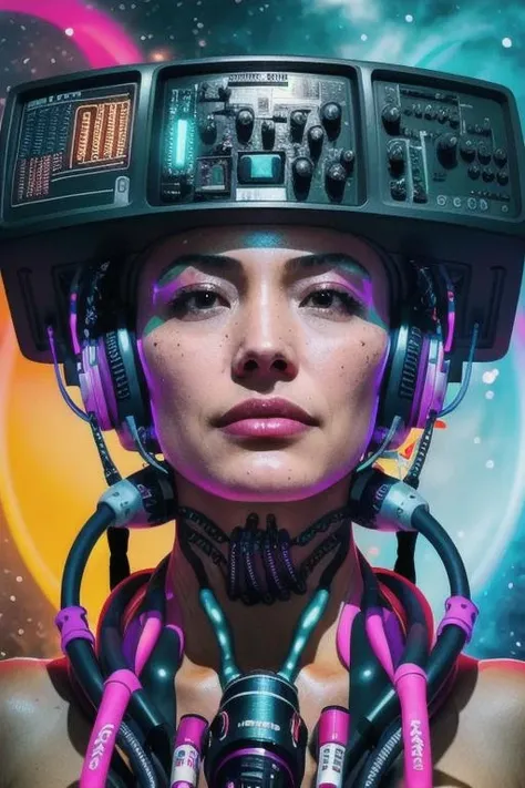 mystical oriental (woman:1.3) with a head made of electronics , solo, science fiction, realistic, cable, cyberpunk, <lora:Headset:0.9>, (imperfect skin:0.7),(full body:1.3), purple color scheme, detailed skin, face shar, pale skin, details, dynamic lightning,( complex background:1.2), (symmetrical:1.2), a lot of cables, vivid colors, color gradient, cinematic, stars in background, glowing, reflections, <lora:epiCRealismHelper:0.6>, <lora:Vibrant_Movies:0.3>, freckles, bokeh, dynamic pose, dynamic pose