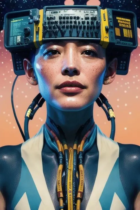 mystical oriental (woman:1.3) with a head made of electronics , solo, science fiction, realistic, cable, cyberpunk, <lora:Headset:0.9>, (imperfect skin:0.7),(full body:1.3), african vibe, limited color scheme, detailed skin, face shar, pale skin, details, dynamic lightning,( complex background:1.2), symmetrical, a lot of cables, vivid colors, color gradient, cinematic, stars in background, happy face expression, glowing, reflections, <lora:epiCRealismHelper:0.6>, <lora:Vibrant_Movies:0.3>, freckles