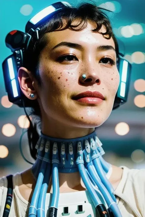 mystical oriental (woman:1.3) with a head made of electronics , solo, science fiction, realistic, cable, cyberpunk, <lora:Headset:0.9>, (imperfect skin:0.7),(full body:1.3), blue color scheme, detailed skin, face shar, pale skin, details, dynamic lightning,( complex background:1.2), symmetrical, a lot of cables, vivid colors, color gradient, cinematic, stars in background, happy face expression, glowing, reflections, <lora:epiCRealismHelper:0.6>, <lora:Vibrant_Movies:0.3>, freckles, bokeh
