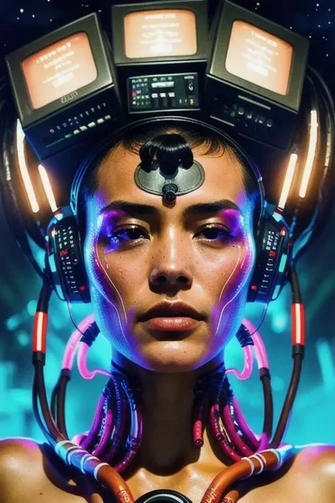 mystical oriental (woman:1.3) with a head made of electronics , solo, science fiction, realistic, cable, cyberpunk, <lora:Headset:0.9>, (imperfect skin:0.7),(full body:1.3), african vibe, limited color scheme, detailed skin, face shar, tanned skin, details, dynamic lightning,( complex background:1.2), symmetrical, a lot of cables, vivid colors, color gradient, cinematic, stars in background, happy face expression, glowing, reflections, <lora:epiCRealismHelper:0.6>, <lora:Vibrant_Movies:0.3>