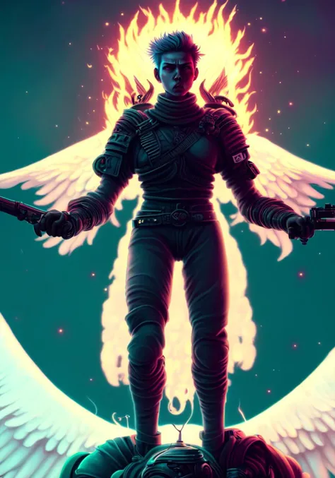 textless, best quality, War in Heaven (serphm:1.3) Archangel Holding Flaming Weapon, battling demons in another world, ggffff666666