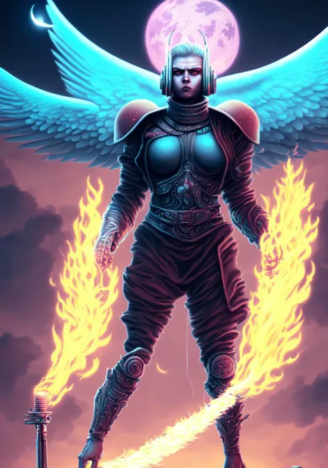 textless, best quality, War in Heaven (serphm:1.3) Archangel Holding Flaming Weapon, battling demons in another world, ggffff666666