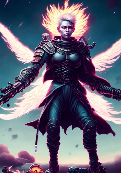 textless, best quality, War in Heaven (serphm:1.3) Archangel Holding Flaming Weapon, battling demons in another world, ggffff666666