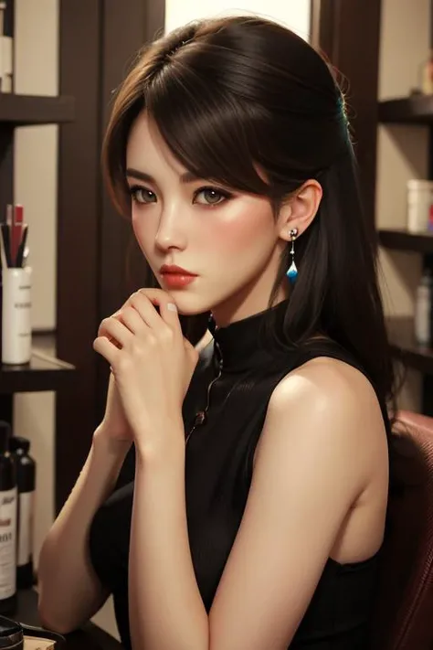 masterpiece,illustration,best quality,delicate details,refined rendering,hand by Guido Daniele,extremely detailed CG unity 8k wallpaper,Japan Anime, comic,hand by Guido Daniele,1girl,(((solo))),slim,thin,adult,beautiful face,real skin texture,well-proportioned hands,thin eyebrow,lipstick,make up,eyeliner,eyelashes,nail polish,earrings,Looking Afar,looking over glasses,[Shelf lighting|Hard lighting|Warm light|Umbrella lighting],<lora:Antonia_lora v2-000005:1>,