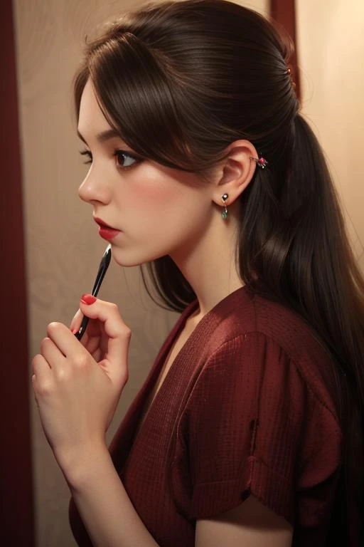 masterpiece,illustration,best quality,delicate details,refined rendering,hand by Guido Daniele,extremely detailed CG unity 8k wallpaper,Japan Anime,comic,hand by Guido Daniele,1girl,(((solo))),slim,thin,adult,beautiful face,real skin texture,well-proportioned hands,thin eyebrow,lipstick,make up,eyeliner,eyelashes,nail polish,earrings,Looking At Hands,looking down,[Emergency lighting|Top lighting|rim lights|Bokeh lighting],<lora:Antonia_lora v2:1>,