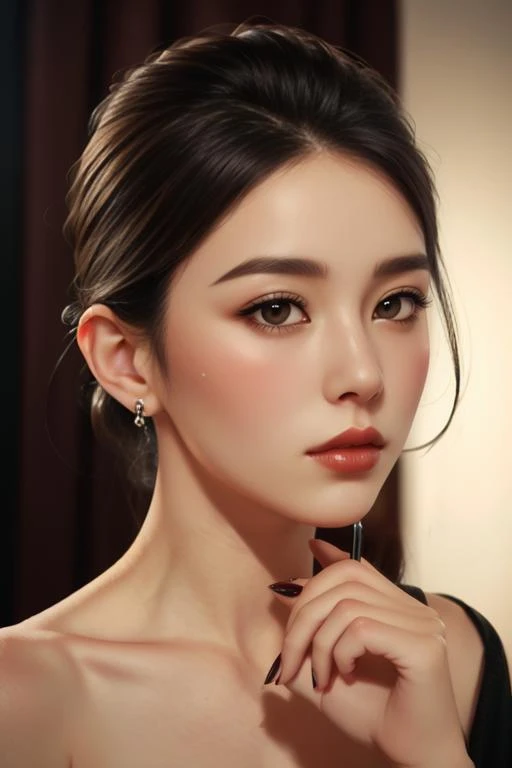 masterpiece,illustration,best quality,delicate details,refined rendering,hand by Guido Daniele,extremely detailed CG unity 8k wallpaper,Japan Anime, comic,hand by Guido Daniele,1girl,(((solo))),slim,thin,adult,beautiful face,real skin texture,well-proportioned hands,thin eyebrow,lipstick,make up,eyeliner,eyelashes,nail polish,earrings,looking up,looking over glasses,[Task lighting|Lens flare|Rembrandt Lighting|Specular highlight lighting],<lora:Antonia_lora v2-000005:1>,