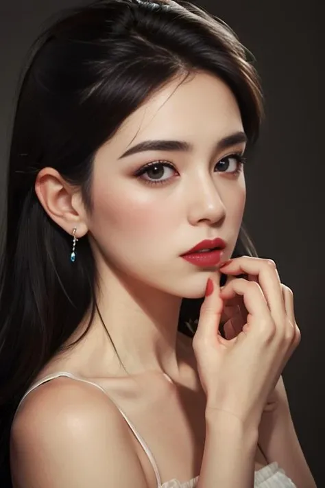 masterpiece,illustration,best quality,delicate details,refined rendering,hand by Guido Daniele,extremely detailed CG unity 8k wallpaper,Japan Anime,comic,hand by Guido Daniele,1girl,(((solo))),slim,thin,adult,beautiful face,real skin texture,well-proportioned hands,thin eyebrow,lipstick,make up,eyeliner,eyelashes,nail polish,earrings,Upshirt,looking down,[LED lighting|Haze lighting|Back lighting|Tilt lighting],<lora:Antonia_lora v2:1>,