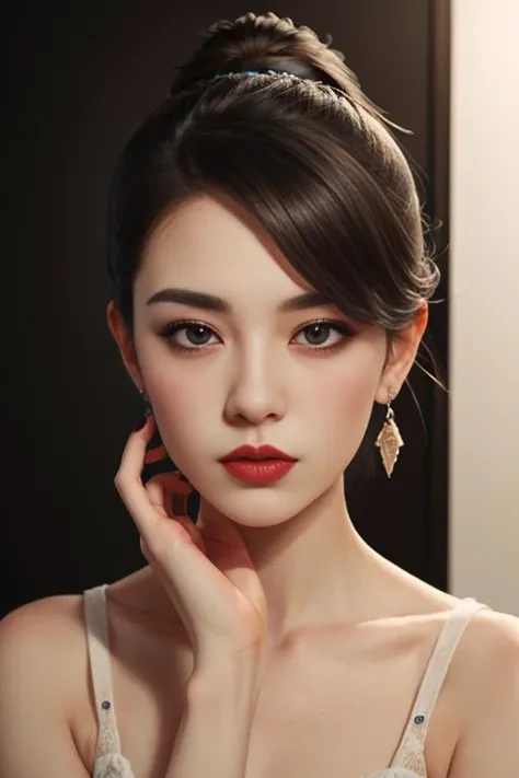 masterpiece,illustration,best quality,delicate details,refined rendering,hand by Guido Daniele,extremely detailed CG unity 8k wallpaper,Japan Anime,comic,hand by Guido Daniele,1girl,(((solo))),slim,thin,adult,beautiful face,real skin texture,well-proportioned hands,thin eyebrow,lipstick,make up,eyeliner,eyelashes,nail polish,earrings,Eyeball,visible through hair,[Accent lighting|Dappled lighting|fluorescent lighting|Flood lighting],<lora:Antonia_lora v2:1>,