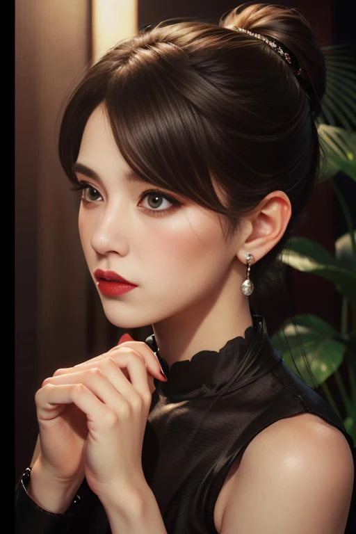 masterpiece,illustration,best quality,delicate details,refined rendering,hand by Guido Daniele,extremely detailed CG unity 8k wallpaper,Japan Anime,comic,hand by Guido Daniele,1girl,(((solo))),slim,thin,adult,beautiful face,real skin texture,well-proportioned hands,thin eyebrow,lipstick,make up,eyeliner,eyelashes,nail polish,earrings,Looking Afar,looking away,[Energy-efficient lighting|Firelight|Back lighting|Strip lighting],<lora:Antonia_lora v2-000005:1>,