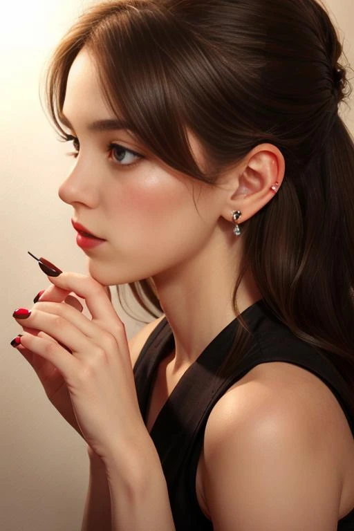 masterpiece,illustration,best quality,delicate details,refined rendering,hand by Guido Daniele,extremely detailed CG unity 8k wallpaper,Japan Anime,comic,hand by Guido Daniele,1girl,(((solo))),slim,thin,adult,beautiful face,real skin texture,well-proportioned hands,thin eyebrow,lipstick,make up,eyeliner,eyelashes,nail polish,earrings,looking away,Stare,[Energy-efficient lighting|Top lighting|outer space view|Blade lighting],<lora:Antonia_lora v2:1>,illustration,ink,watercolor,