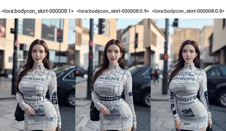 \(8k, RAW photo, best quality, masterpiece:1.2\), \(realistic, photo-realistic:1.37\), \(ulzzang-6500-v1.1\),\(detailed eyes\), \(detailed facial features\), \(\(detailed clothes features\)\), full body,(huge breasts, cleavage),(face focus),  photography, ram photo,hd,extremely detailed CG unity 8k wallpaper, huge filesize, ultra-detailed, highres, absurdres,beautiful eyes,ray tracing, dramatic shadows,fine detail,dramatic angle,high saturation,lens flare,(standing),Sharp light,
Ivanka Trump, blue eyes, solo,clothes texture ,skin  texture ,Depth of field,long hair,Fluttering hair,red hair,(seductive smile:1.3, Happy, grin,open mouth),center opening, big eyes,blonde hair,
1girl Walking in the street,city,road,street,building,
reality style, <lora:bodycon_skirt-000008:1> bodycon skirt