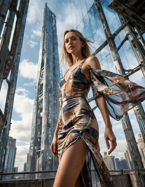 Sydnee, enveloped in her bohemian dress with an artistic touch, stands vibrantly amidst a soulful gaze and the surreal futuristic cityscape, poised elegantly beside a magnificent towering structure made entirely of steel and glass, effortlessly blending into the dystopian environment with a graceful presence that radiates undeniable enigmatic beauty from every low-angle perspective. <lora:qqgpmw18f9cc93026kad3:1>