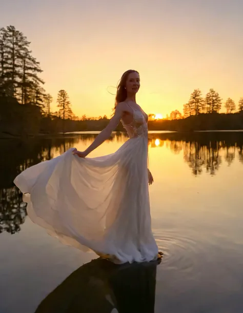 As Sydnee, the confident woman in her ethereal white gown, gracefully posed beneath the glowing golden sunset by the serene lake, each of her elegant movements was captured from every angle, with artful camera angles highlighting the magical reflection of her silhouette, creating a captivating moment that transcended time. <lora:tgijji18f9cbe4f57saa5:1>