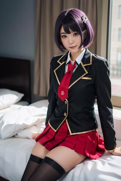 ultra-detailed,highly detailed,best quality,masterpiece,illustration,
fumizuki academy school uniform, solo, cosplay, 1girl,
crossdressing, sitting,looking at viewer, light smile,
necktie, jacket, blazer,long sleeves, skirt,pleated skirt,thighhighs,
purple hair, short hair, bob cut, single sidelock,
indoors, bedroom,on bed,
photo inset, photo background, male focus,
<lora:fumizuki academy school uniform_v1_06:0.7>