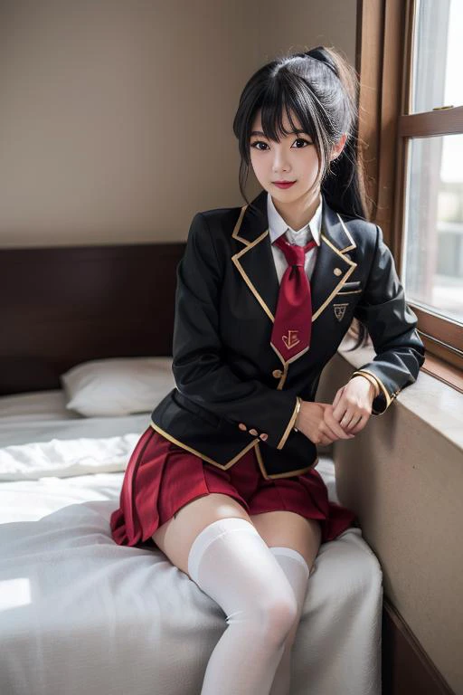 (8K), (highest quality: 1.2), (realistic), (realistic: 1.37), ultra high resolution, 1 girl, cute, smile, closed mouth, beautiful details, beautiful nose, wet hair, giant dulcefo, pork, thighs，self snap,University Student Uniform,simple blazer,pleated skirt,high socks,bed,spread your legs ,skirt lift, From above
