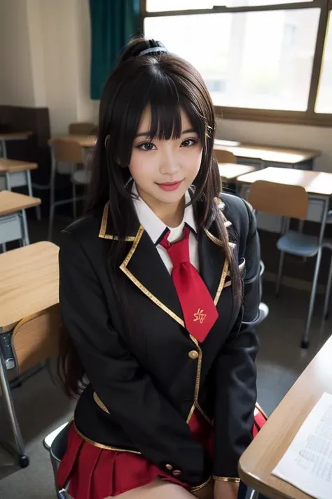 ultra-detailed,highly detailed,best quality,masterpiece,illustration,
fumizuki academy school uniform, solo, cosplay, 1girl,
crossdressing, sitting,looking at viewer, light smile,
necktie, jacket, blazer,long sleeves, skirt,pleated skirt,thighhighs,
black hair,parted bangs,ponytail,very long hair, hair over breasts, hair ornament,
indoors, classroom, table, chair, sitting,
photo inset, photo background, male focus,
<lora:fumizuki academy school uniform_v1_06:0.7>