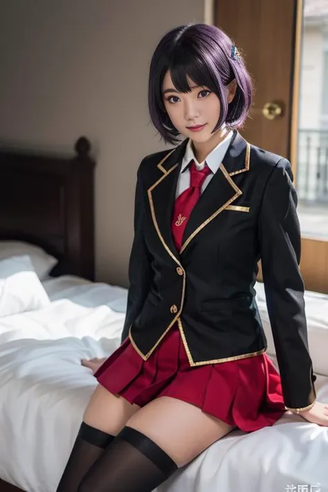 ultra-detailed,highly detailed,best quality,masterpiece,illustration,
fumizuki academy school uniform, solo, cosplay, 1girl,
crossdressing, sitting,looking at viewer, light smile,
necktie, jacket, blazer,long sleeves, skirt,pleated skirt,thighhighs,
purple hair, short hair, bob cut, single sidelock,
indoors, bedroom,on bed,
photo inset, photo background, male focus,
<lora:fumizuki academy school uniform_v1_06:0.6>