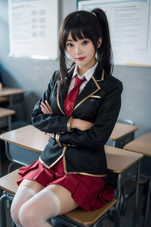 ultra-detailed,highly detailed,best quality,masterpiece,illustration,
fumizuki academy school uniform, solo, cosplay, 1girl,
crossdressing, sitting,looking at viewer, light smile,
necktie, jacket, blazer,long sleeves, skirt,pleated skirt,white thighhighs,
black hair,parted bangs,ponytail,very long hair, hair over breasts, hair ornament,
indoors, classroom, table, chair,
photo inset, photo background, male focus,
<lora:fumizuki academy school uniform_v1_06:0.6>