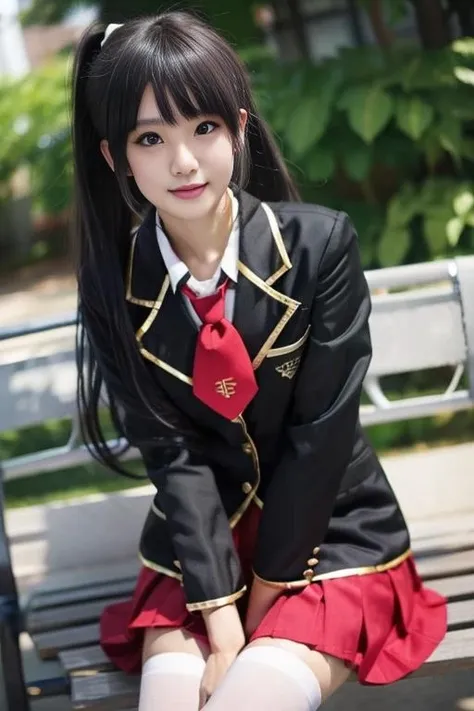 ultra-detailed,highly detailed,best quality,masterpiece,illustration,
fumizuki academy school uniform, solo, cosplay, 1girl,
crossdressing, sitting,looking at viewer, light smile,
necktie, jacket, blazer,long sleeves, skirt,pleated skirt,white thighhighs,
black hair,parted bangs,ponytail,very long hair, hair over breasts, hair ornament,
outdoors,bench, leaf,day,
photo inset, photo background, male focus,
<lora:fumizuki academy school uniform_v1_06:0.8>