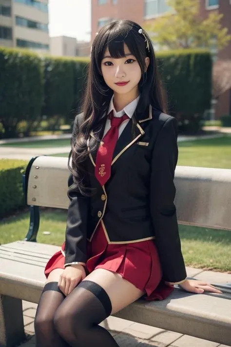 ultra-detailed,highly detailed,best quality,masterpiece,illustration,
fumizuki academy school uniform, solo, cosplay, 1girl,
crossdressing, sitting,looking at viewer, light smile,
necktie, jacket, blazer,long sleeves, skirt,pleated skirt, thighhighs,
black hair,parted bangs,very long hair, hair over breasts, hair ornament,
outdoors,bench, leaf,day,
photo inset, photo background, male focus,
<lora:fumizuki academy school uniform_v1_06:0.6>
