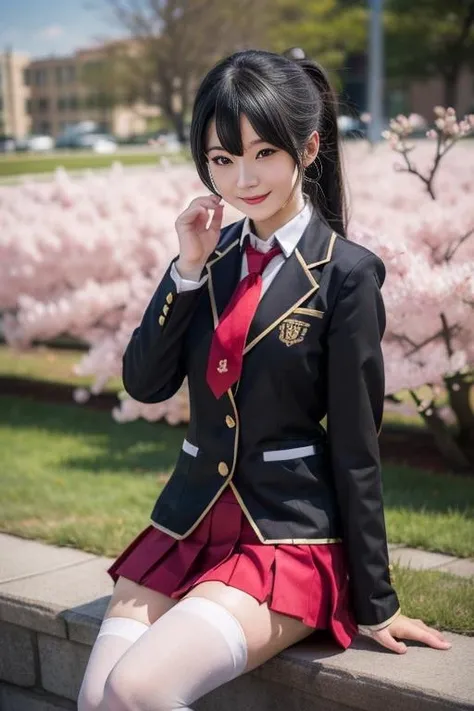 ultra-detailed,highly detailed,best quality,masterpiece,illustration,
fumizuki academy school uniform, solo, cosplay, 1girl,
crossdressing, sitting,looking at viewer, light smile,
necktie, jacket, blazer,long sleeves, skirt,pleated skirt,thighhighs,
black hair,high ponytail, diagonal bangs,
outdoors, flower field, cherry blossoms, petals, falling petals, wind,
photo inset, photo background, male focus,
<lora:fumizuki academy school uniform_v1_06:0.5>