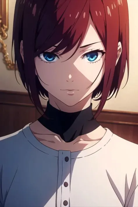 masterpiece, best quality, game cg, 1girl, , , blue eyes, dark red hair, solo, looking at viewer, , , , , Nanopunk, HD, <lora:tokyo_ghoul_style:0.87>, tokyo_ghoul_style
